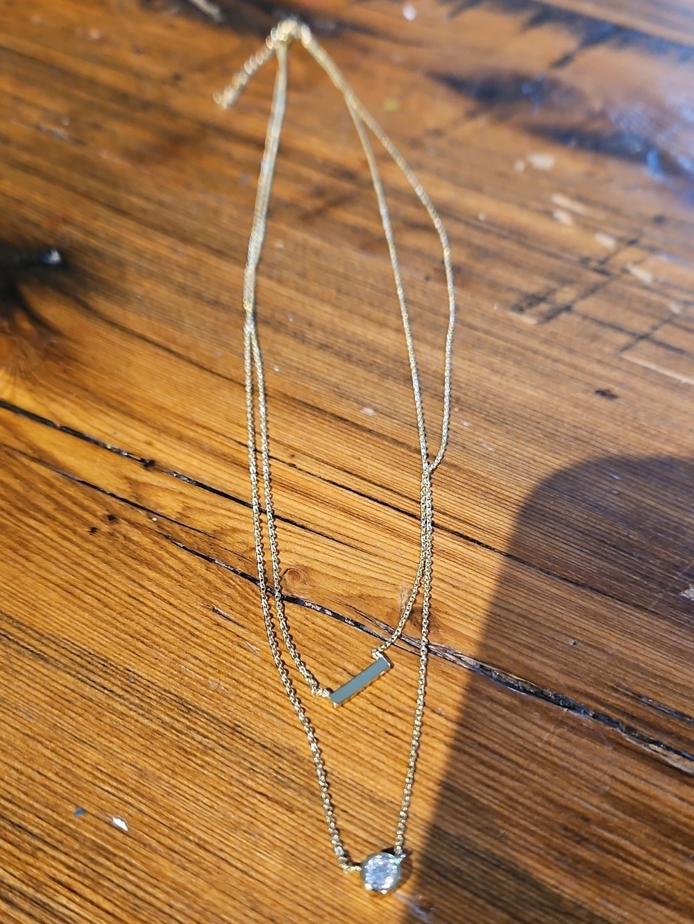 Layered Gold Tine Stamped 925 Necklace with Clear Crystal and Bar Accent